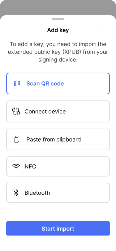 Screen showing import options for adding the extended public key.